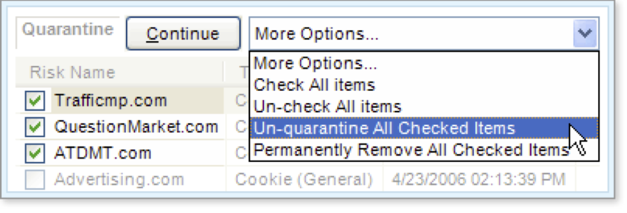 Select Un-quarantine All Checked Items from the menu.
