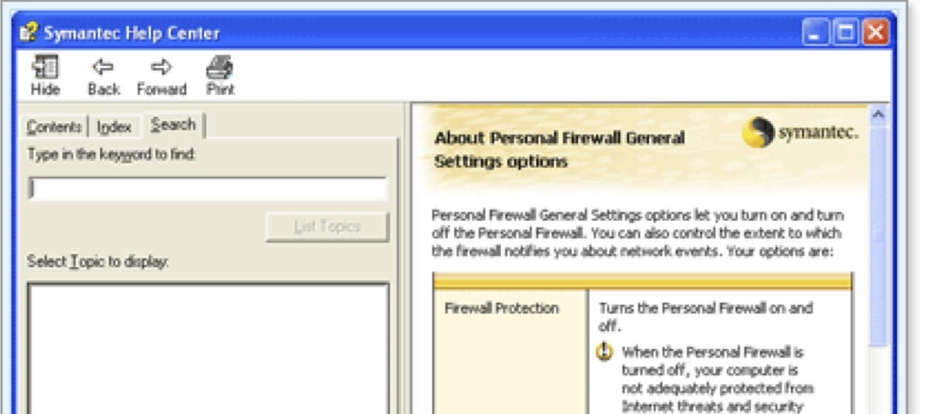 The Symantec help system topic for the default option, Personal Firewall General Settings