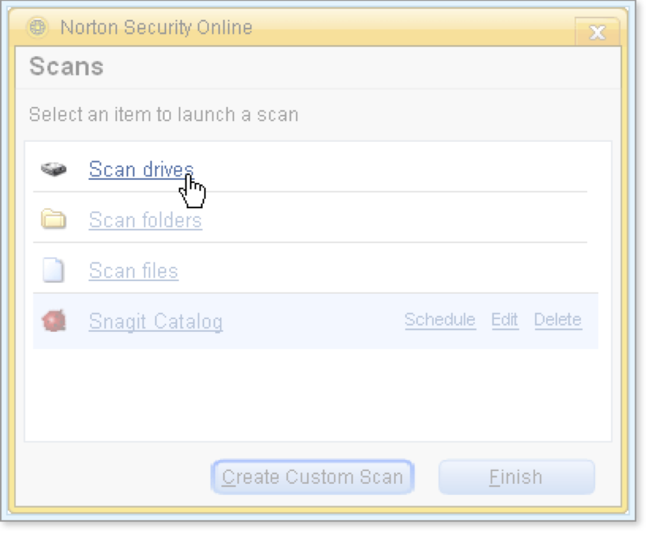 Click an item to launch a scan