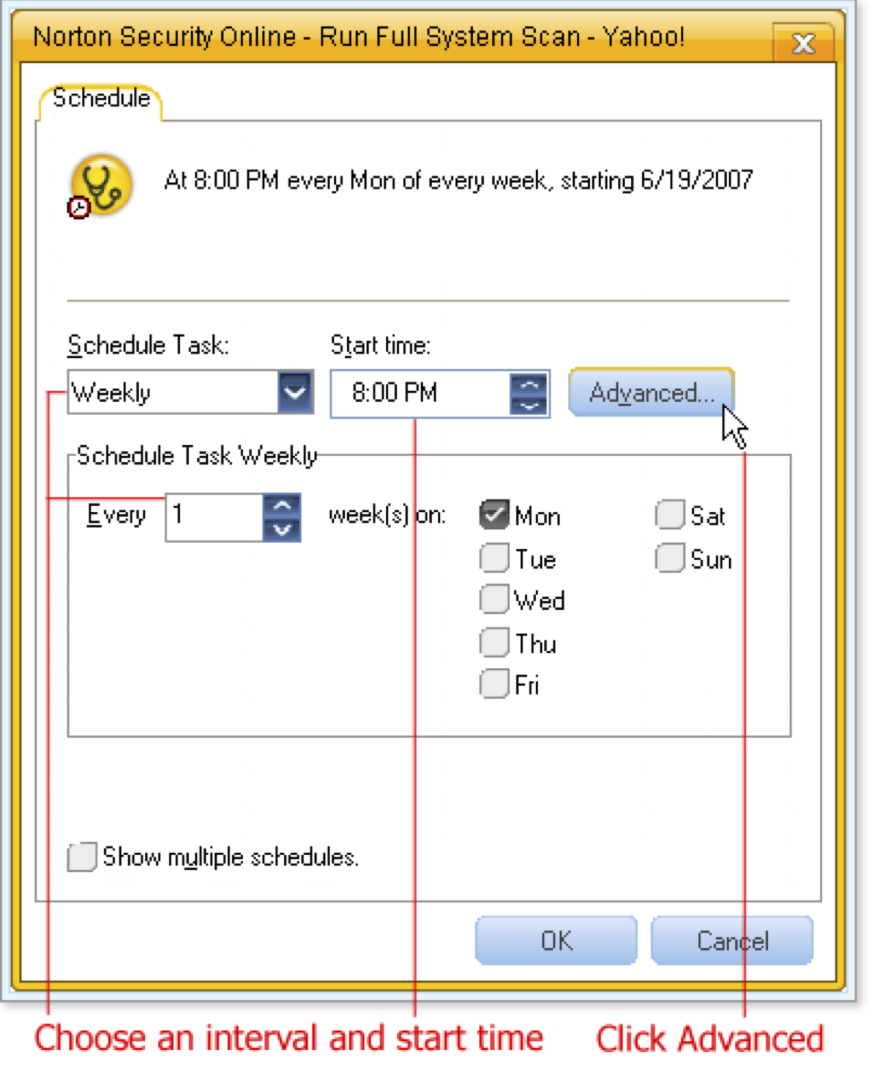 Specify the start time and the repeat interval.