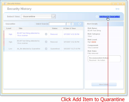 Click Add Item to Quarantine
