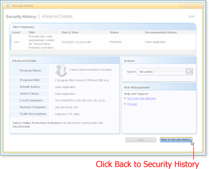 Click Back to Security History