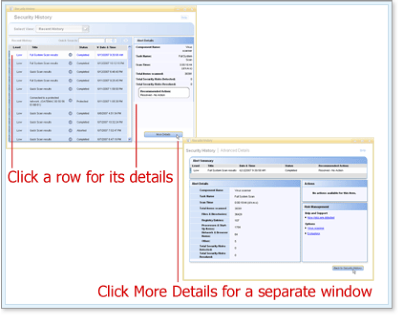 Click a row for sidebar details and click More Details for a separate window