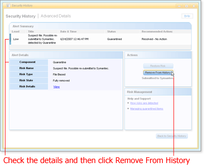 Confirm the details of the item and click Remove From History
