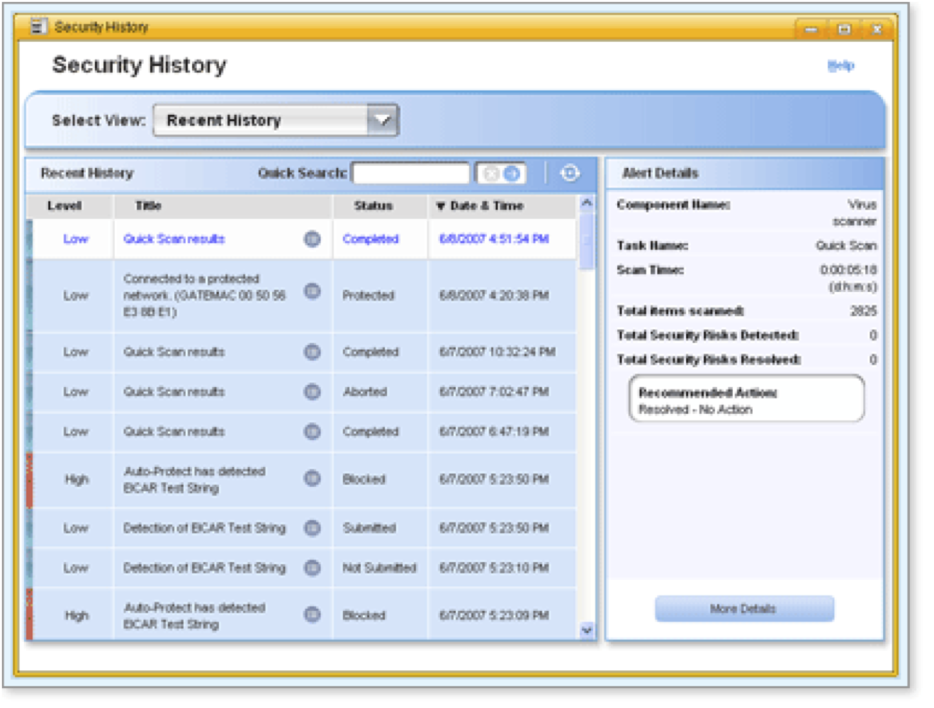 The Security History window opens with the Recent History viewing filter.