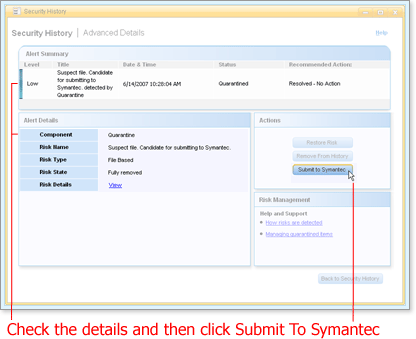 Click Submit to Symantec