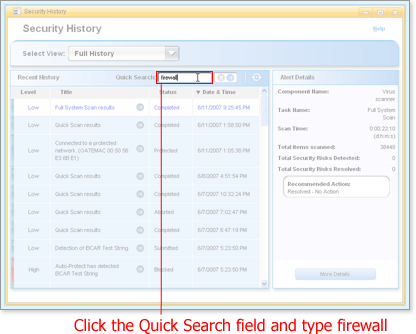 Click the Quick Search field and type firewall