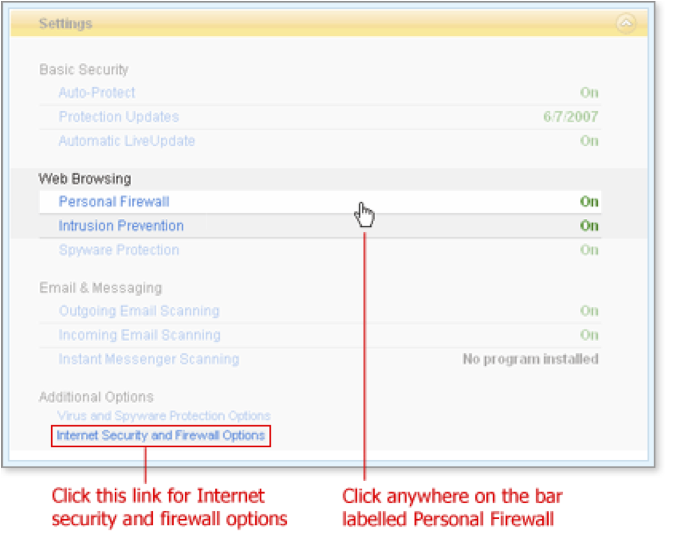 Click anywhere on the bar labelled Personal Firewall