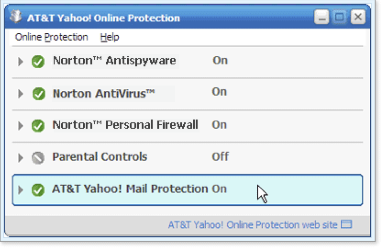 AT&T AT&T Yahoo! Mail Protection is selected on the dashboard.