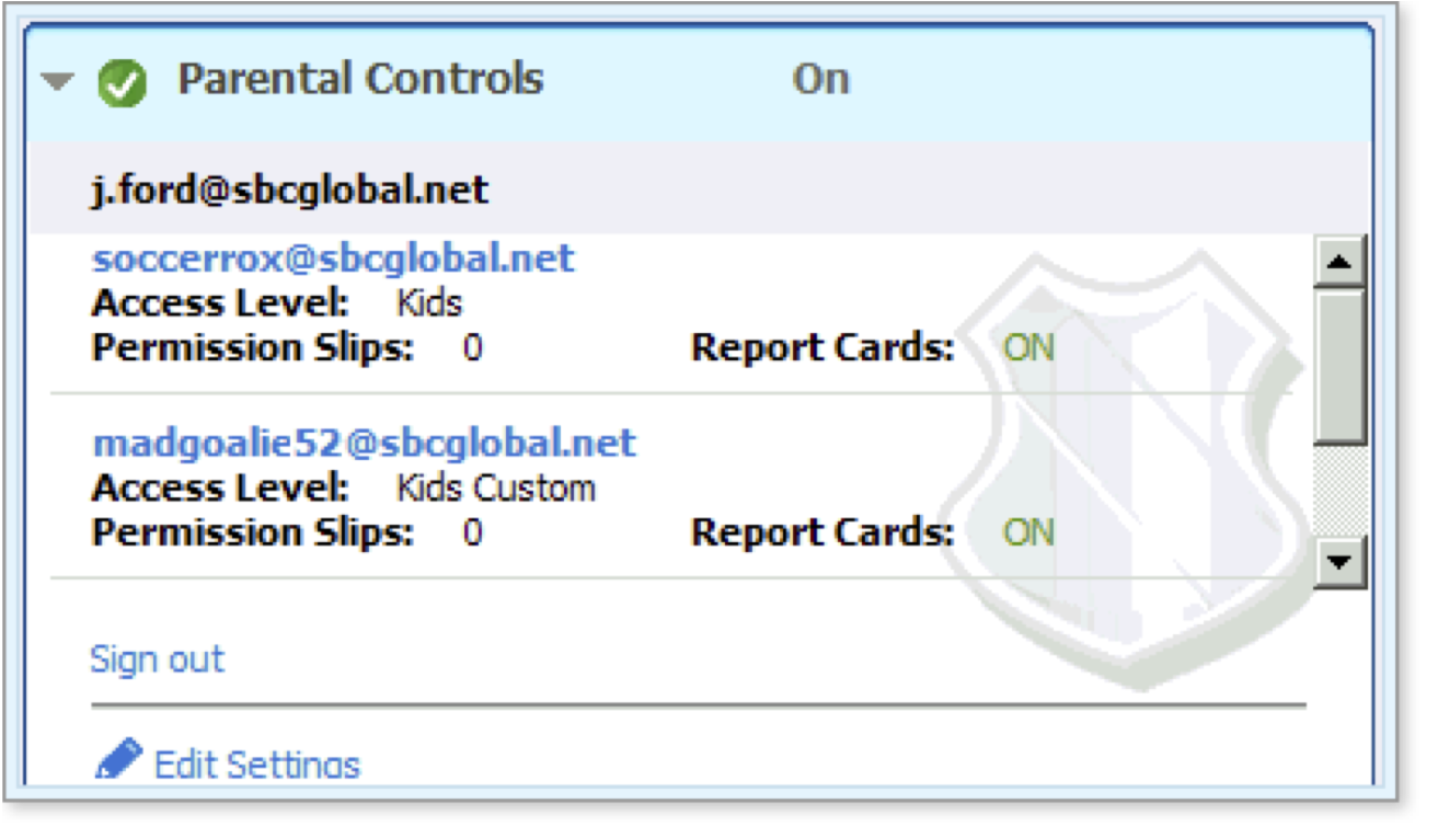 Example of the Parental Controls display for a primary member.