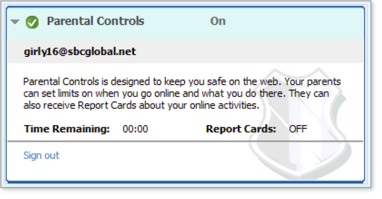 Example of the Parental Controls display for a sub account.